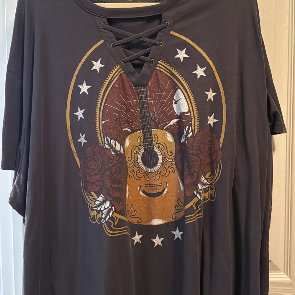 Gray Lace-Up Graphic T-Shirt with Guitar Design